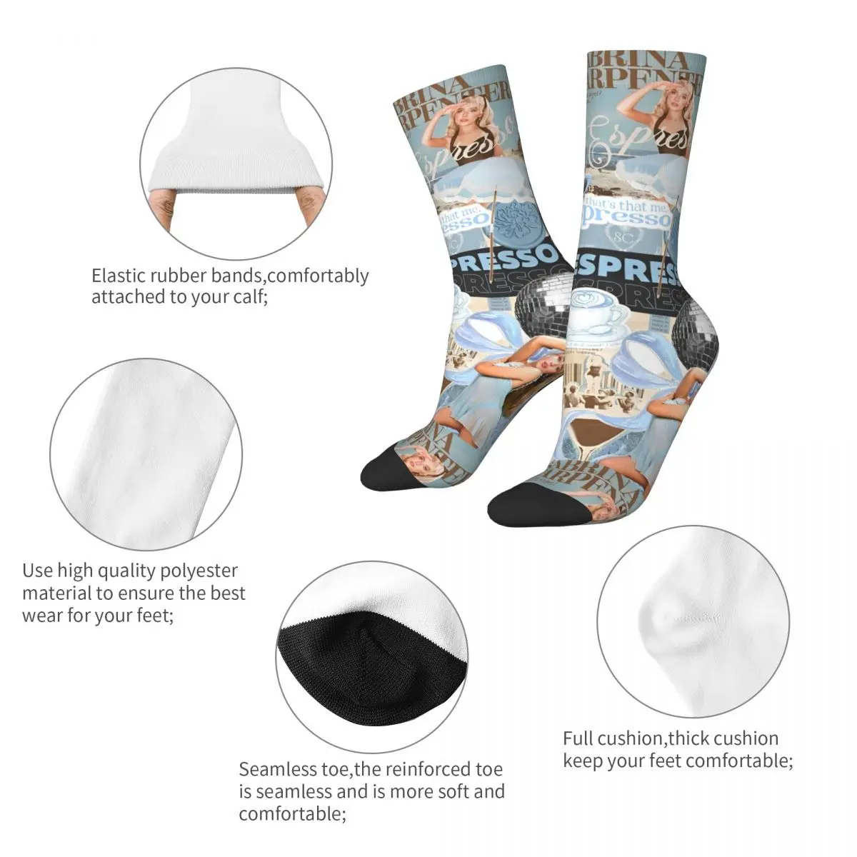 Casual Sabrina Carpenter Basketball Socks 90s Music Tour Espresso Polyester Crew Socks for Unisex Non-slip