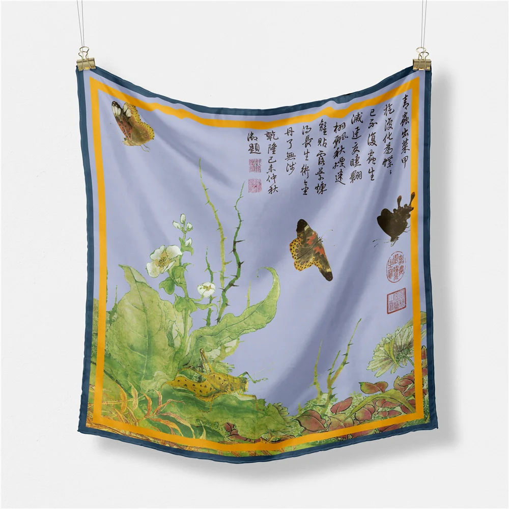 Twill Silk Scarf Woman Chinese Painting Square Scarves Wraps Bandana Small Hijab Silk Foulards Tie Headband Neckerchief 53CM