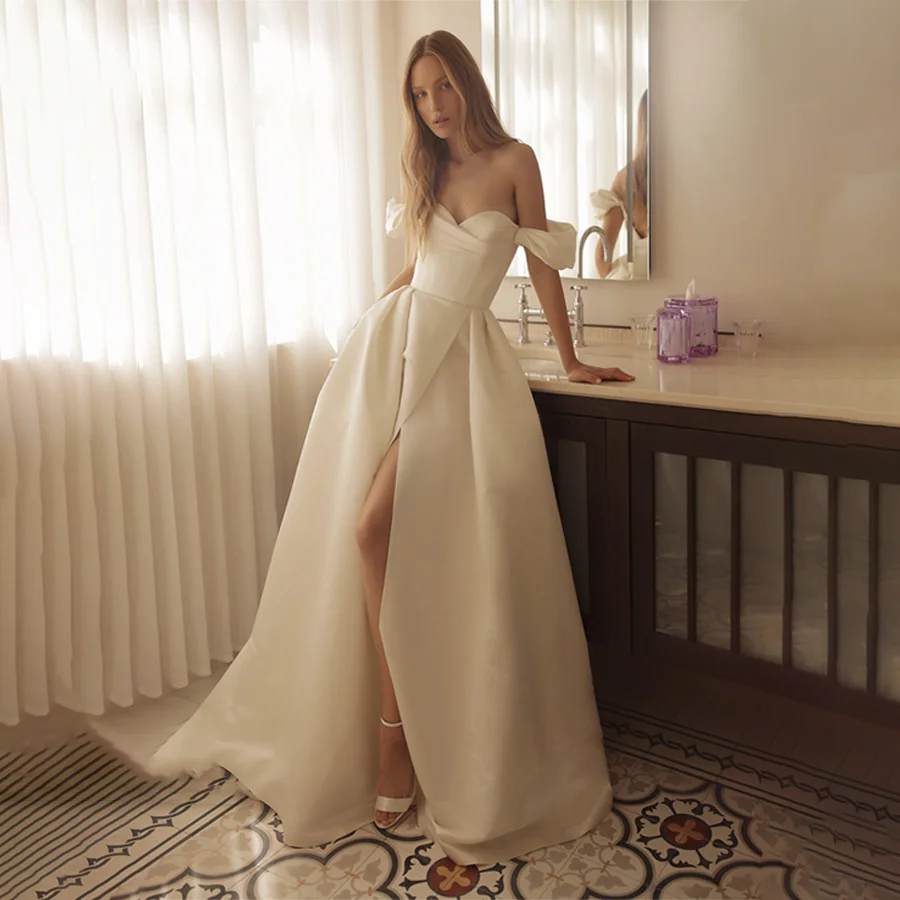 

Customized Sweetheart Cap Sleeve Front Split Satin Wedding Dress A-line Back Zipper And Buttons Custom Made Bridal Gowns