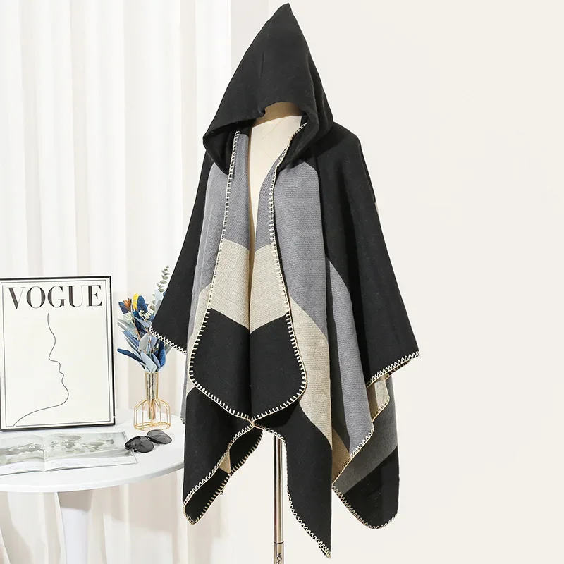 Big Size Pashmina Male Shawls Autumn Winter Patchwork Color Coat Hooded Poncho Tourism Stoles Cashmere Blend Vintage Poncho