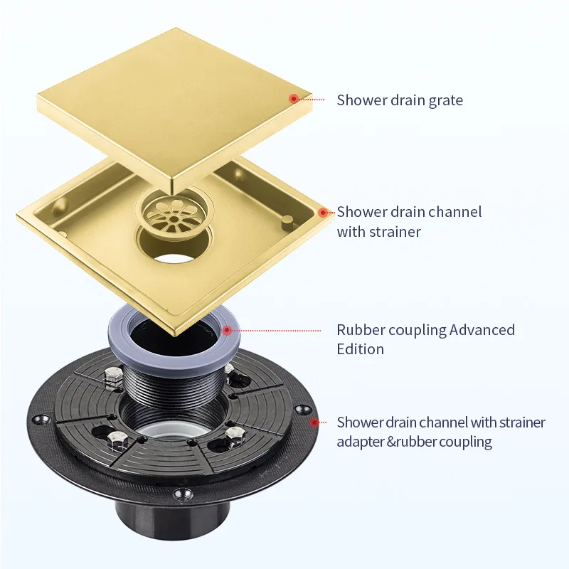 4 oder 6 Zoll quadratischer Dusch boden ablauf mit Flansch, Quadrato-Muster in Lebensmittel qualität Sus 304 Edelstahl, abnehmbarer quadratischer Kühlergrill