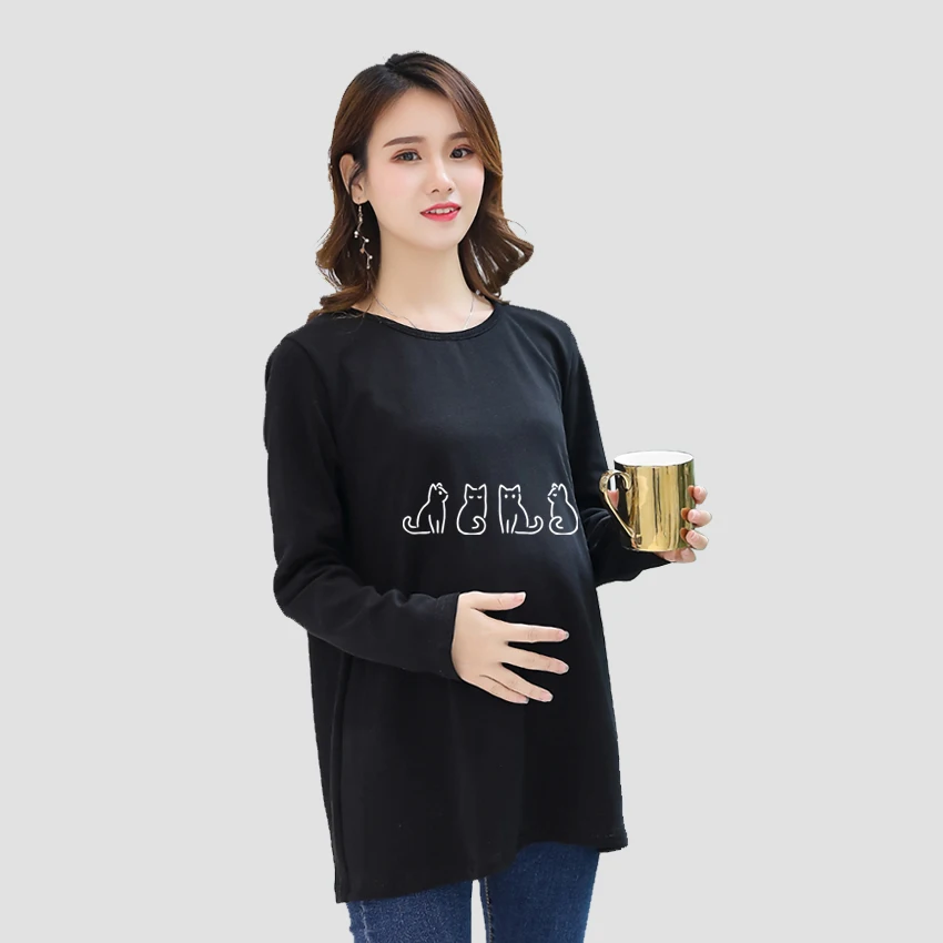 

Casual 90s Pregnant Women Tee Funny Cat Cartoon Print Maternity Clothes Casual Pregnancy T Shirts Mom Long Sleeve Shirt