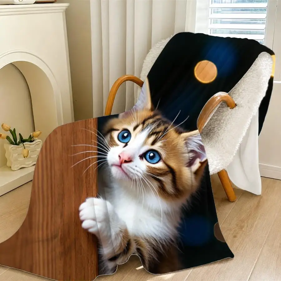 1pc Warm Premium Flannel Blanket Featuring a Curious Blue-Eyed Kitten Amidst Magical Bokeh Lights, Soft Decorative Throw for All Seasons Perfect As Home Decoration And Holiday Gift Choice