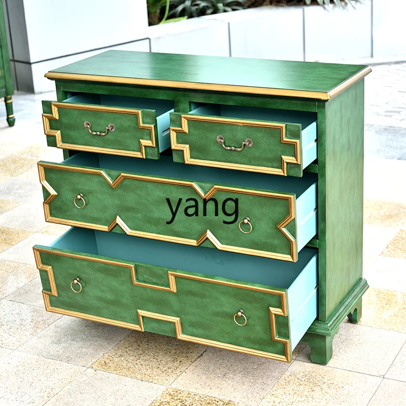 LMM storage foyer end of bed decoration retro green solid wood four-bucket bedroom storage side cabinet