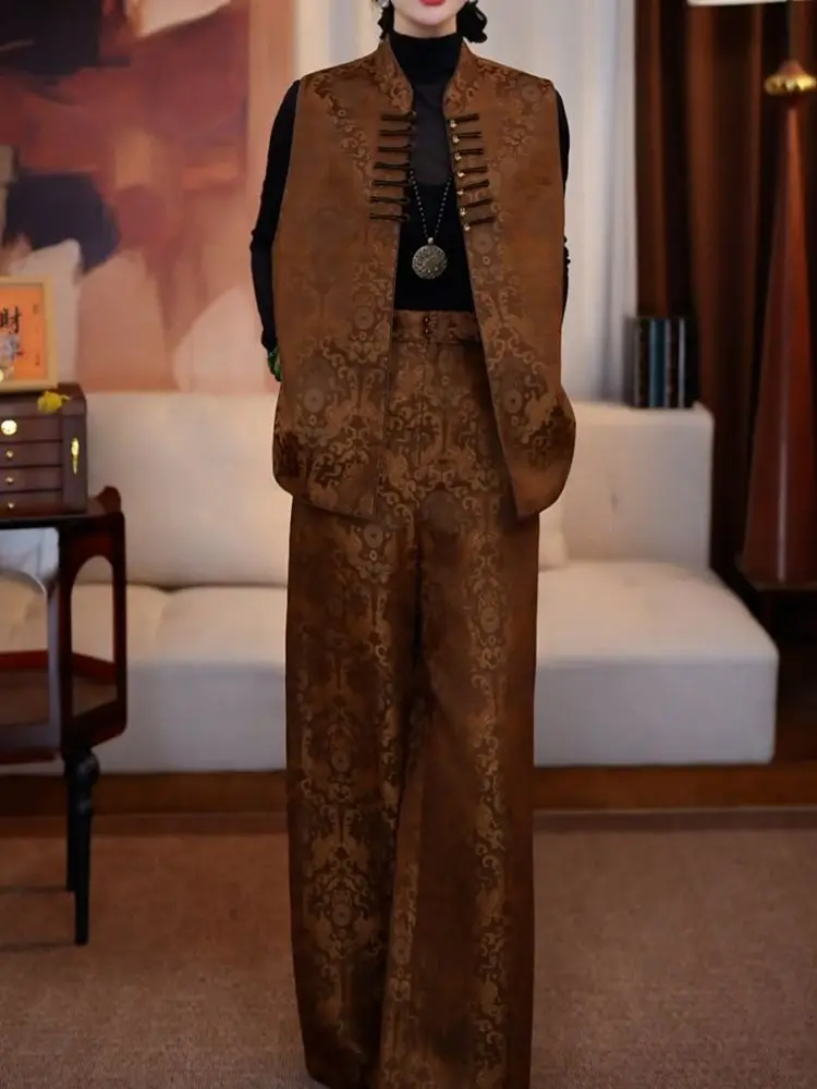 

Новый модный женский комплект в китайском стиле на осень 20%, универсальный и стильный жаккардовый жилет + широкие брюки, комплект из двух предметов