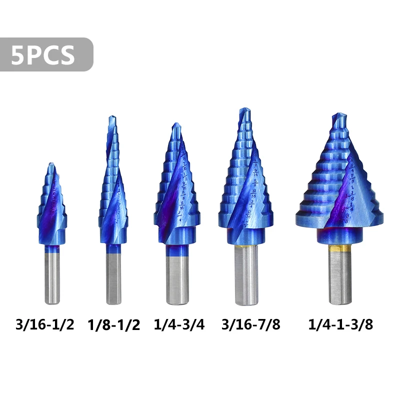 XCAN Step Drill Bit 5pcs Spiral Groove Inch Step Cone Drill Nano Blue Coated HSS Wood Metal Hole Cutter