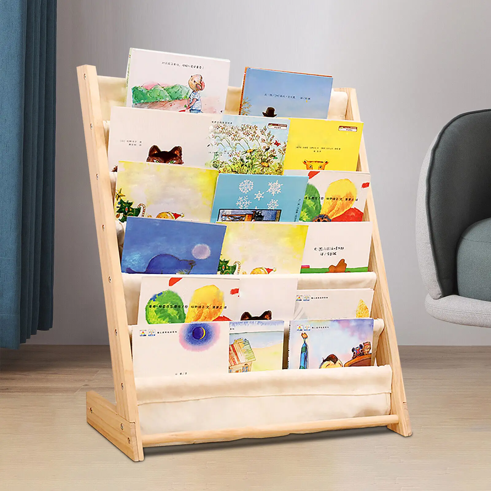 6 Tiers Wooden Bookcase Children Kids Book Shelf Storage Rack Nursery Bedroom Tidy Organizer Natural Beige