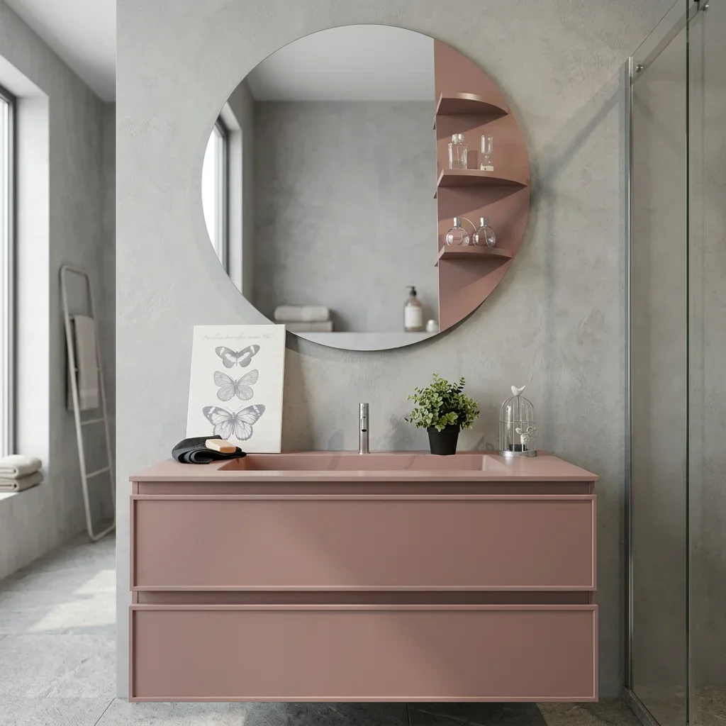100% Made Italy Modern Elegant Luxury Pink Bathroom Vanity Double Drawers Integrated Colored Resin Sink Matching Mirror Wall