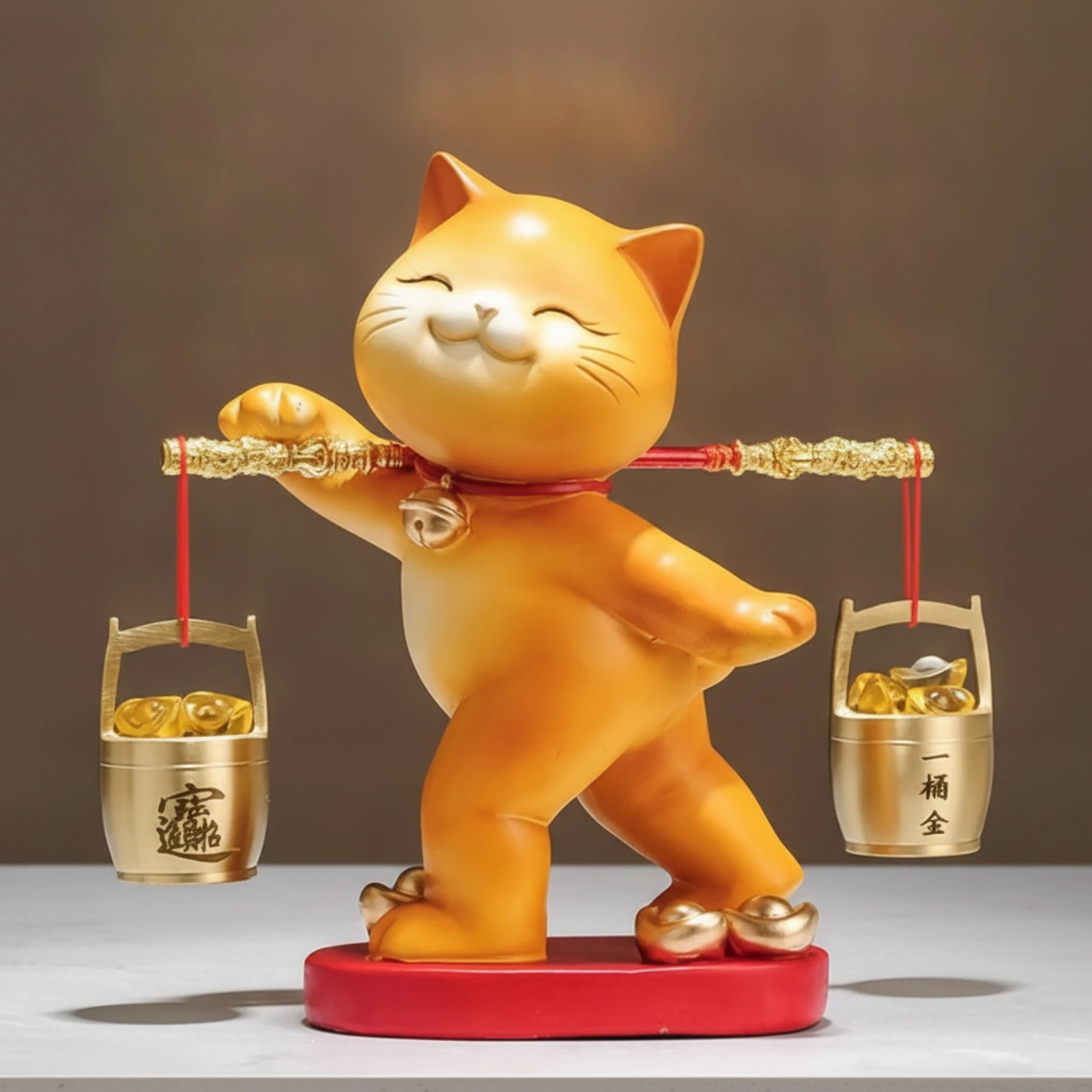 Cat Statue with Hanging Buckets Cute Cat Figurine on a Base Tabletop Ornament Smiling Sculpture Lovely for Shop Owners, Entryway