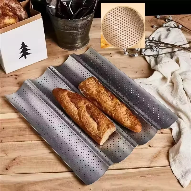 French Bread Baking Pan Nonstick Perforated Carbon Steel Baguette Pan French Bread 3/4 Wave Loaves Loaf Bake Mold Cooking Tray