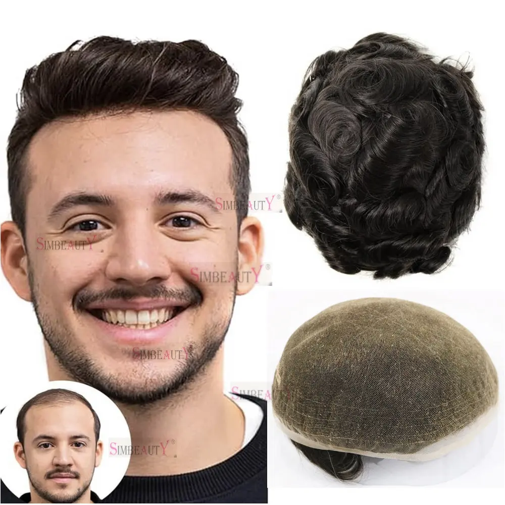 

Bleached Knots Men's Toupee HairPieces Breathable Full Lace Human Hair Wigs Durable Male Replacement System Natural Hairline