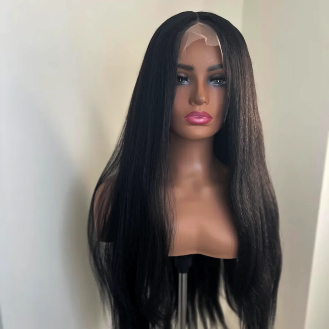 Natural Black 28Inch Long Glueless Kinky Straight Yaki Soft Lace Front Wig For Women With Baby Hair Preplucked Daily