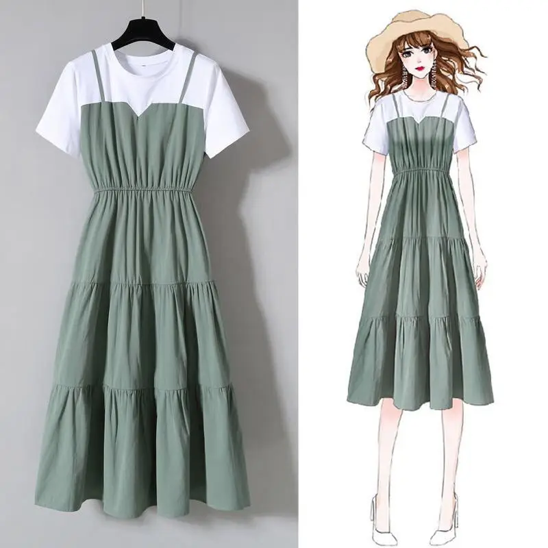 Plus rozmiar Patchwork fałszywe dwuczęściowe sukienki Midi letnie nowe kontrastowe luźne plisowane modne sukienki moda codzienna odzież damska