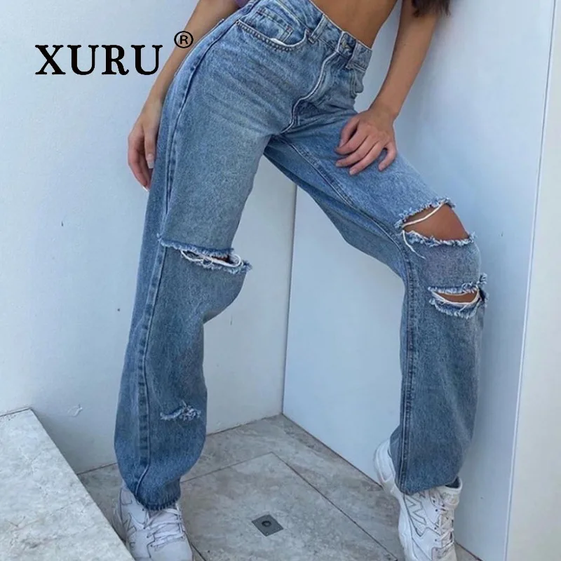 

XURU - New Women's Fashion High Waist Piercing Jeans, Y2k Clothing Butt Lifting Blue Long Jeans, Men's Pants