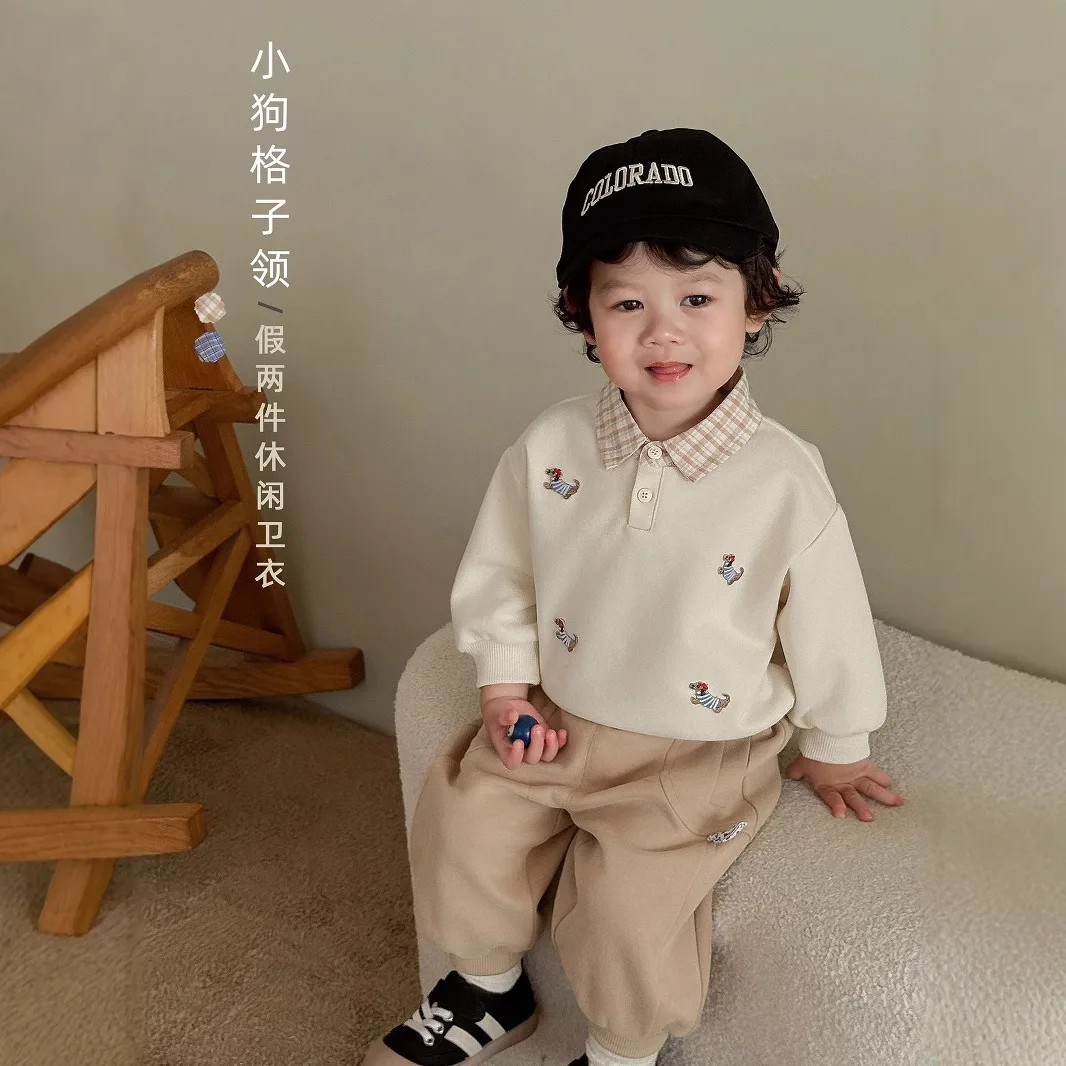 

Children's Labeling Hoodie 2025 New Autumn Boys' Puppy Bottom Shirt Trendy Baby Fake Two Piece Hoodie