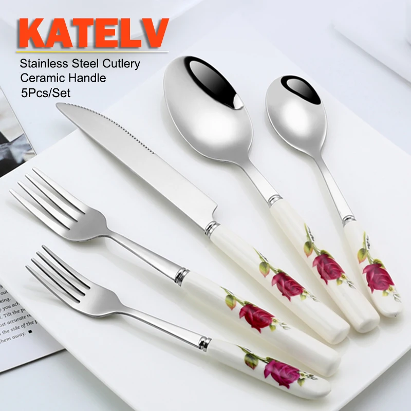 Ceramic Handle Tableware Set Stainless Steel Cutlery Set Steak Knife Fork Coffee Spoon Dessert Dinnerware Rose Flowers Pattern