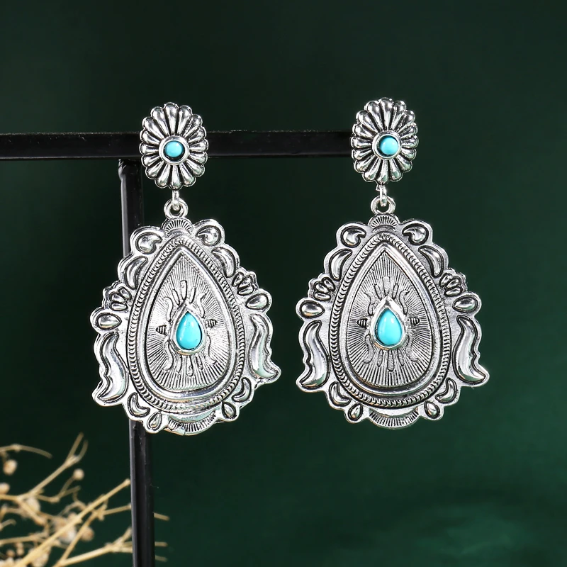 

Vintage Metal Hand Carved Waterdrop Dangle Earrings Boho Teardrop Stone Ladies Hanging Earrings Jewelry For Women