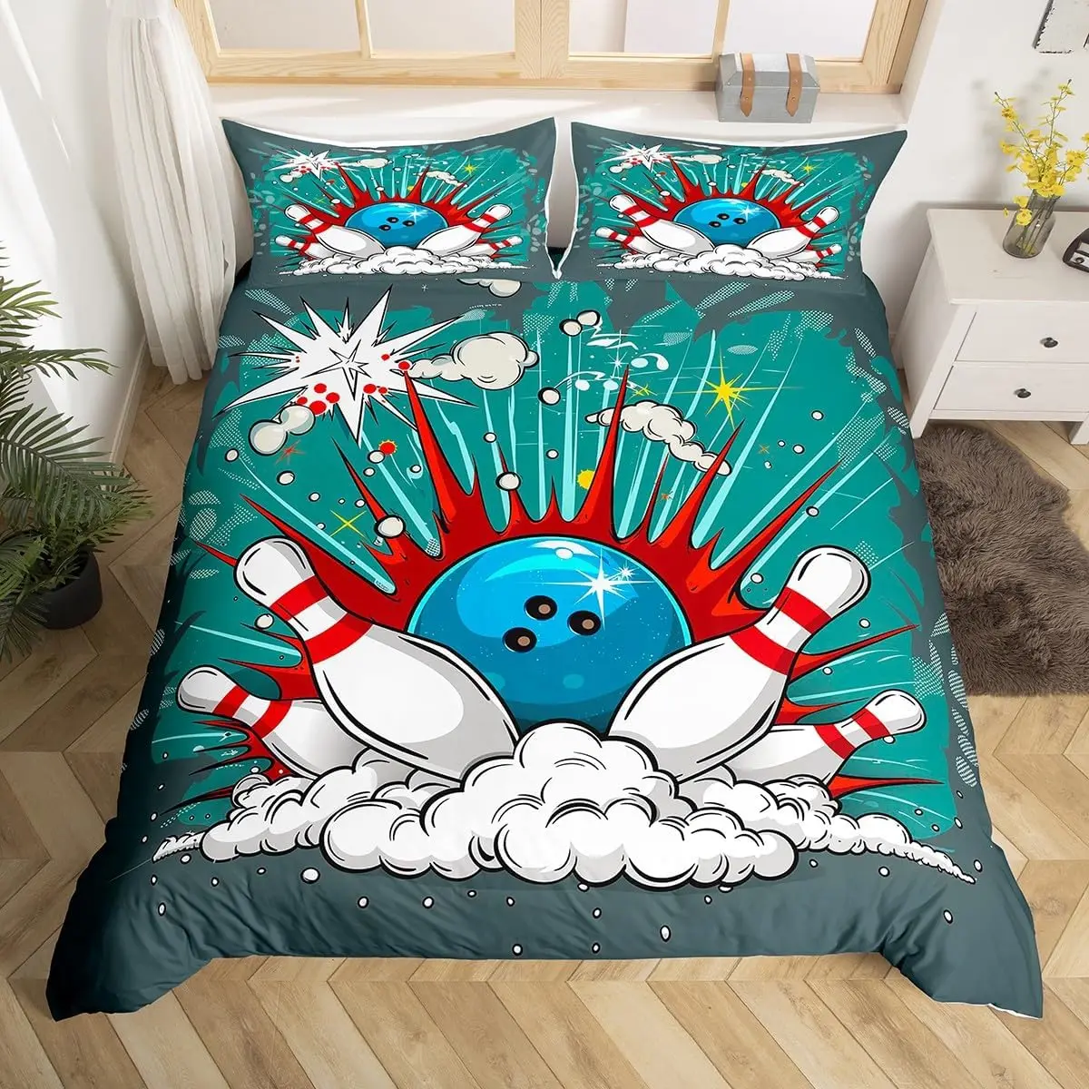 Bowling Balls Duvet Cover Set Full Queen King Size, Ball Games Sports Bedding Set, Graffiti Modern Competition Comforter Cover