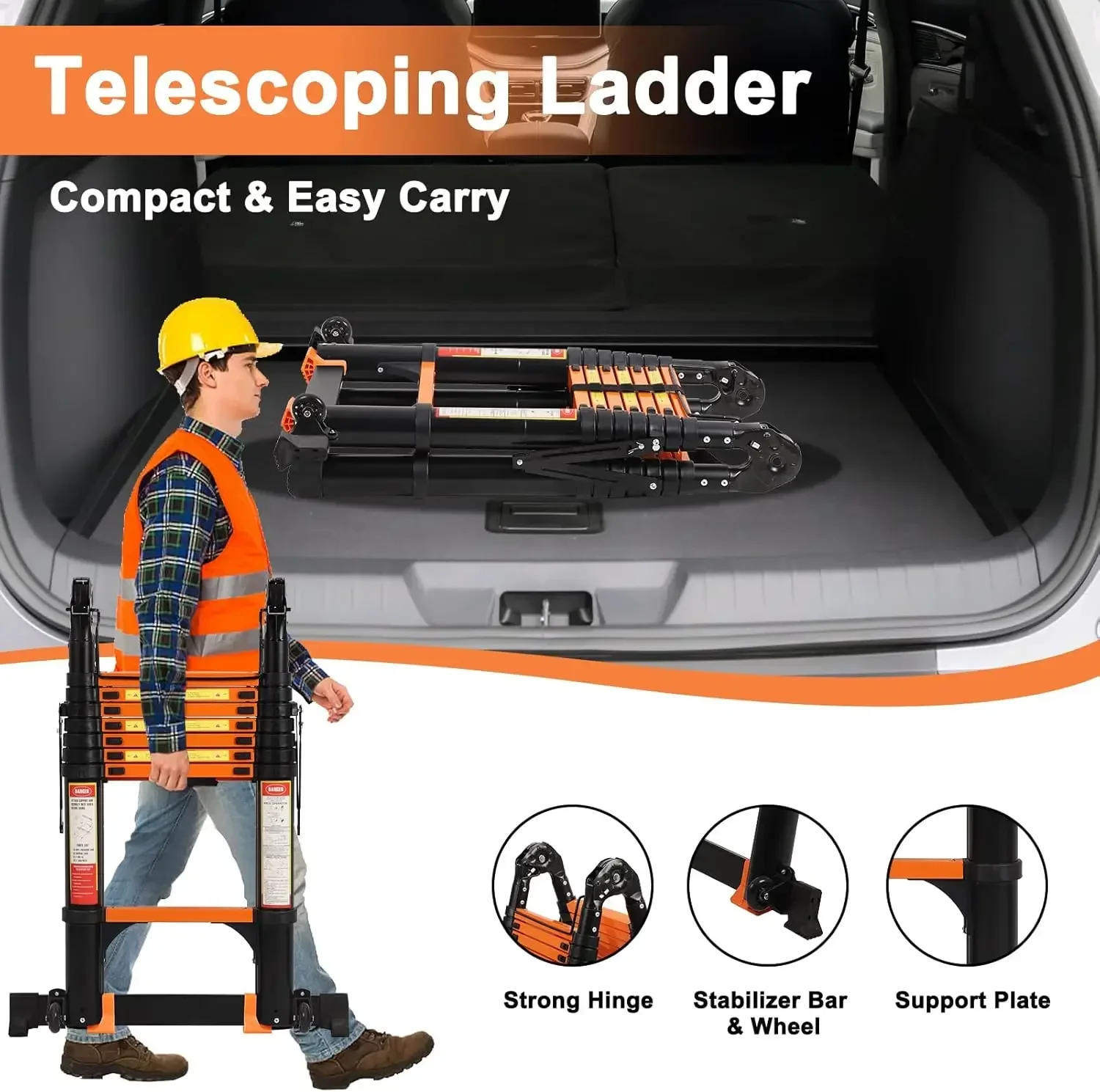 Telescoping A Frame Ladder with Tool Platform and Stabilizer Bar, Upgrade Strengthened Joints Aluminum Telescopic Ladders with W