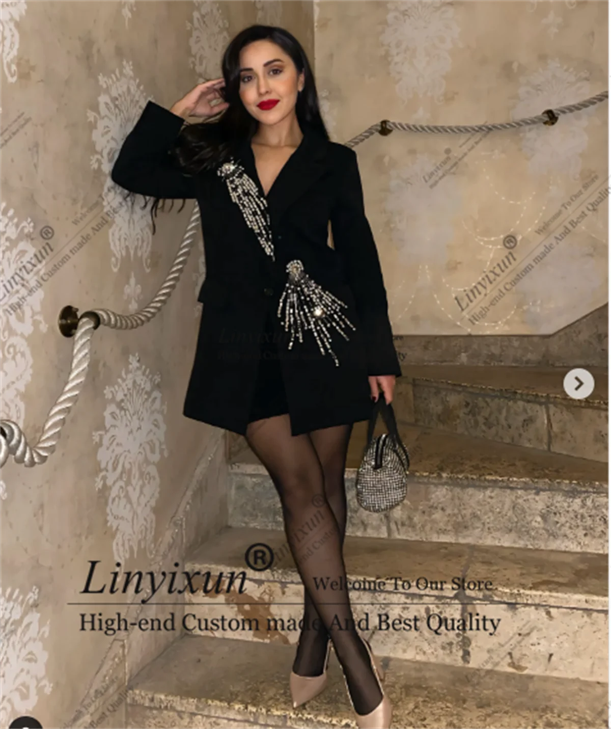 Fashion Pearl Suit for Women Single Breasted 2 Piece Jacket Shorts Blazer Set Slim Fit Office Lady Female Clothing Prom Bla
