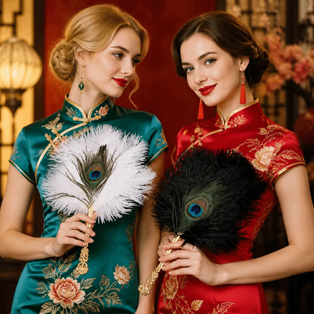 Chinese Style Ostrich Feather Fan Portable Exquisite Elegant Handheld Fans Lightweight Golden Hollow Handle Cosplay Props Fan