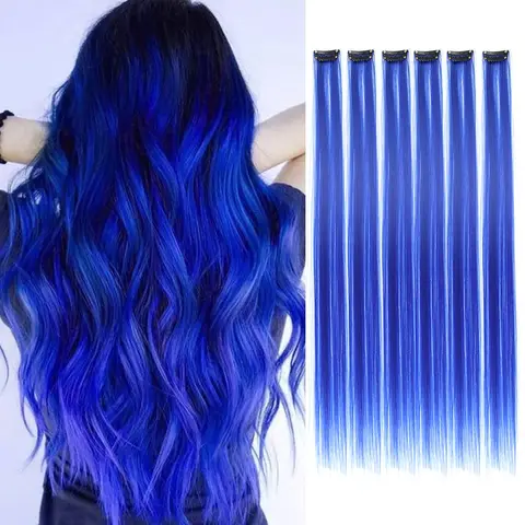 Extensiones de cabello con Clip, reflejos de colores para fiesta, 22 pulgadas, 6 unidades por paquete, postizos sintéticos de pelo liso multicolor, azul real