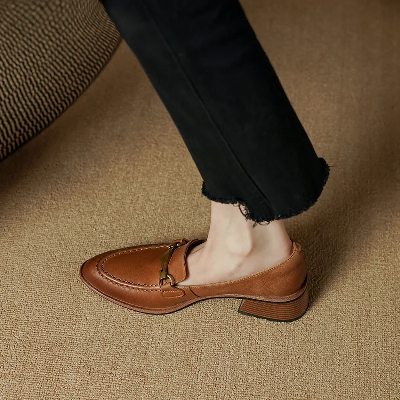 Basic Women Pumps Spring Summer High Heel Round Toe Buckle Genuine Leather Office Lady Working Loafers Shoes Woman 2024 New