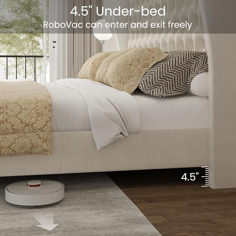 โครงเตียงขนาดคิงไซส์เตียงแพลตฟอร์มหุ้มกํามะหยี่พร้อมหัวเตียงและที่วางเท้าแบบ Wingback, กระดุมลึก, โครงเตียง