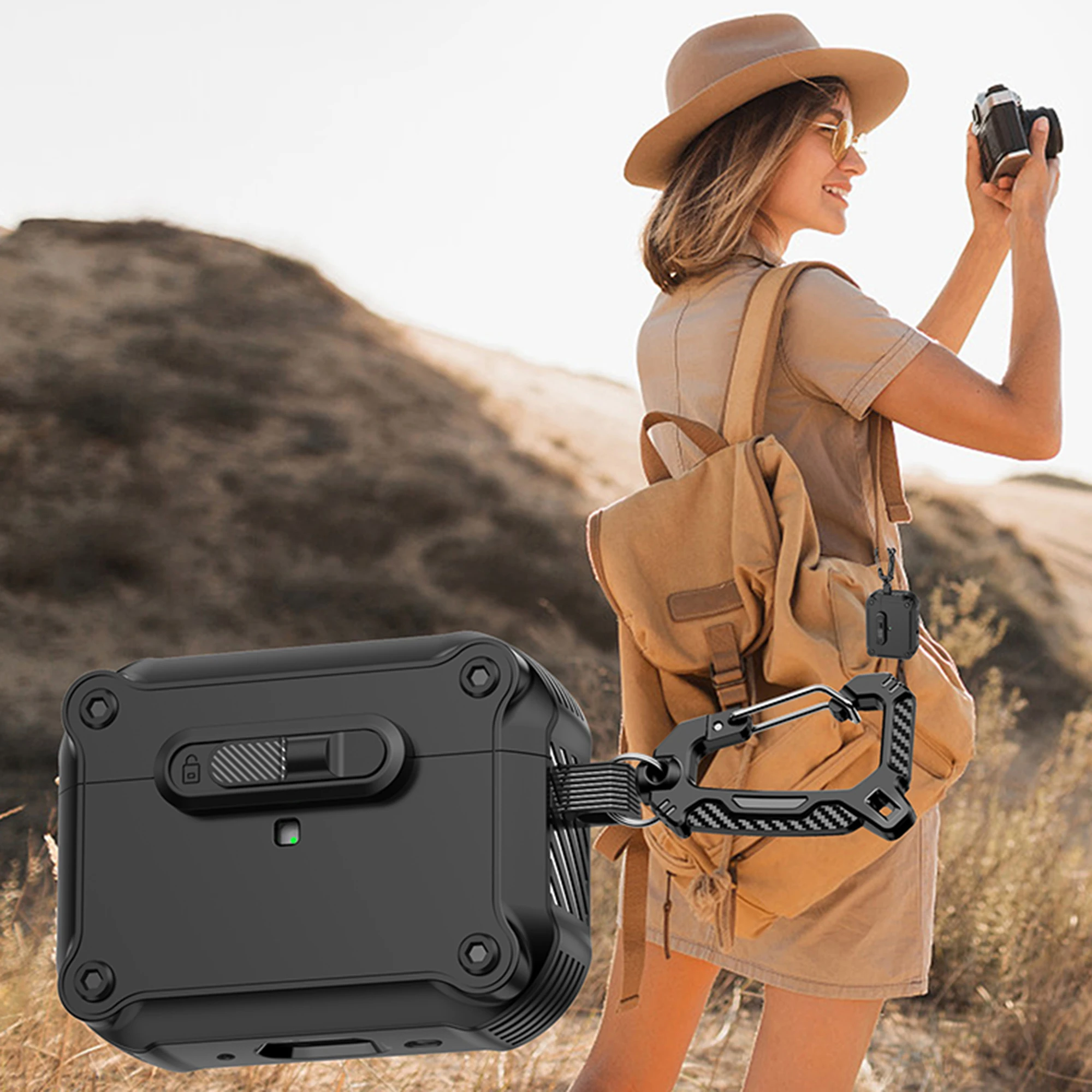 Pour AirPods Pro 2 Étui TPU + PC Housse pour écouteurs avec mousqueton à verrouillage avant - Noir