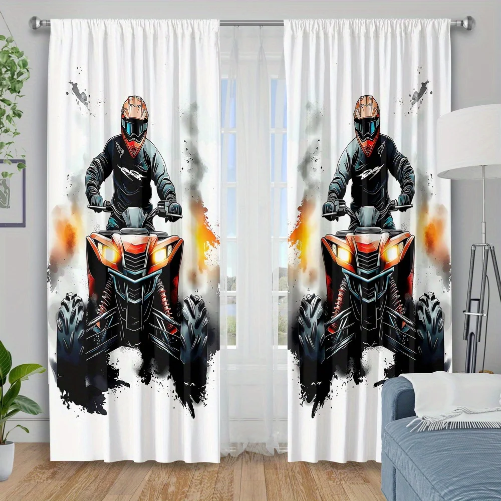 Cool Motorcycle Rider Curtain, Racing Bike Print Drape, Sports Theme Window Treatment for Boys Room Man Cave Decor