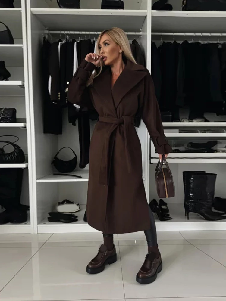 Elegant Wine Red Lapel Women\'s Overcoat With Belt 2024 Fashion Full Sleeves Side Split Long Coat Fall Winter Lady Chic Outerwear