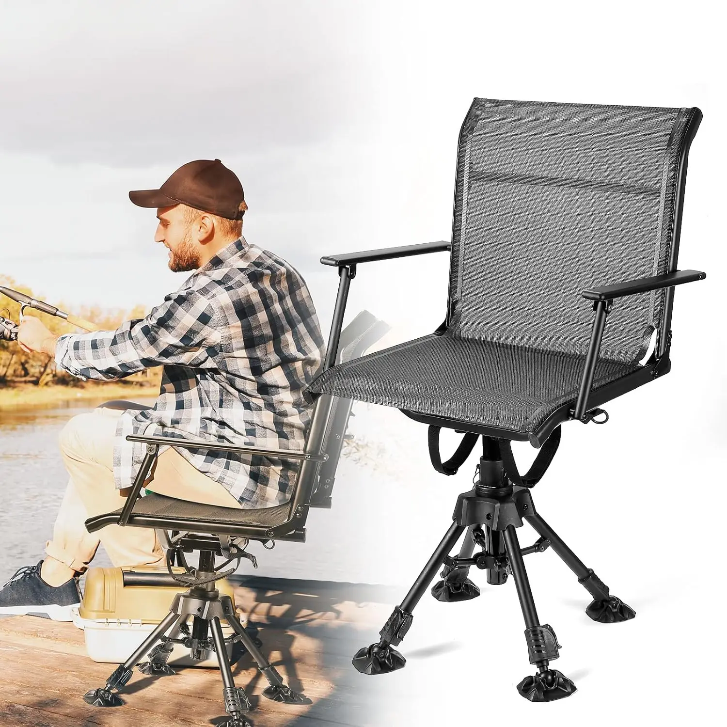 

Silent Swivel Blind Hunting Chair, Height Adjustable Quick Folding Portable Comfortable Hunting Fishing Chair