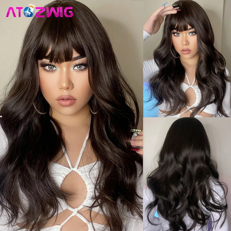 

Long Water Wavy Synthetic Wig with Bangs Natural Wave Black Brown Wigs for Women