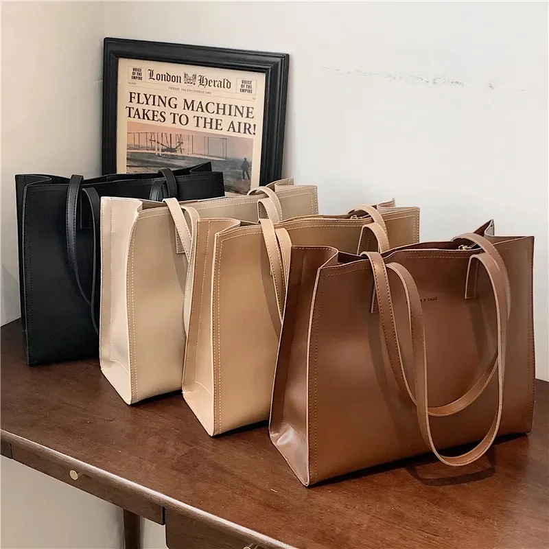 Vintage 3 Layers Large Leather Tote Bags For Women New Trend Design Commuter Work A4 Shoulder Side Bag Office Ladies Handbags