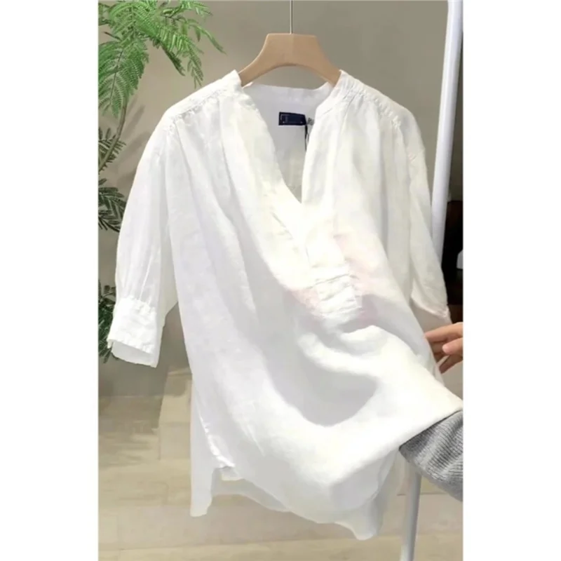Ele branco algodão linho irt feminino verão solto plus size emagrecimento linho f gola aberta topo confortável respirável