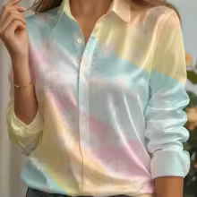Satin Blouse Pastel Striped Lapel Collar Long Sleeve - DSEQ462730