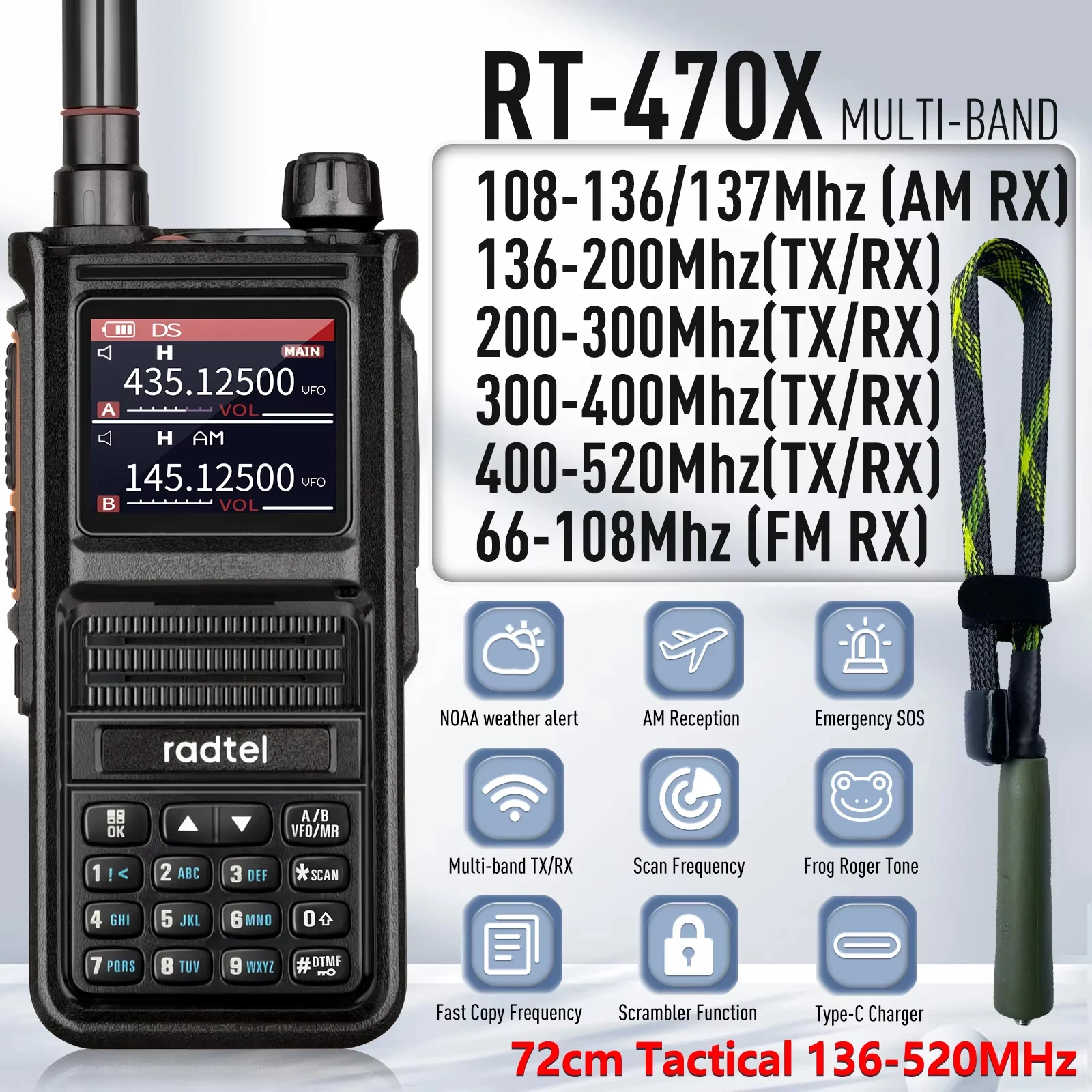 Radtel RT-470X Ham Radio Walkie Talkies 256CH Air Band Two Way Radio Station Aviation NOAA Police Marine Transceiver Type-c