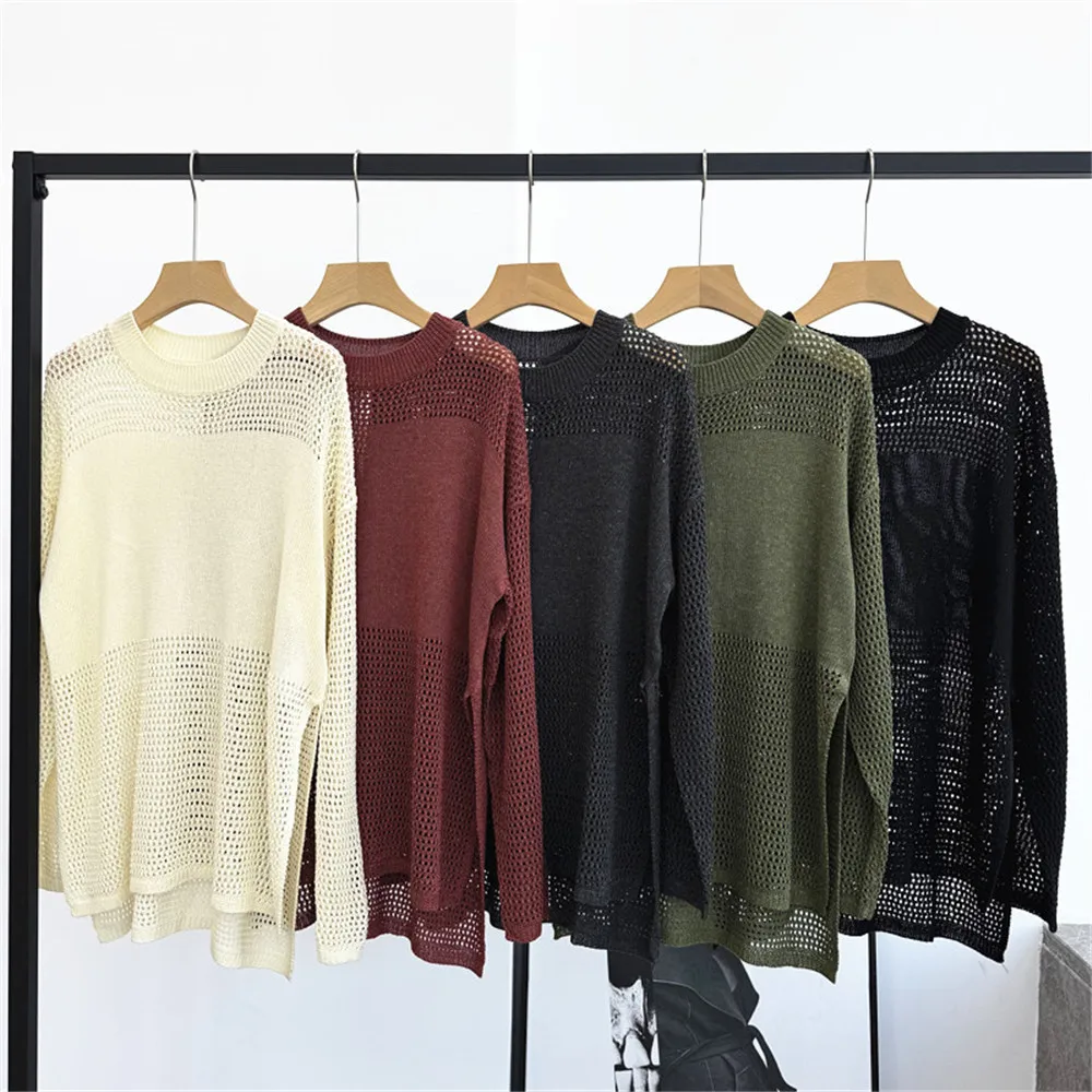 

25 New Women's Pullover Round Neck Long Sleeved Solid Color Loose Hollow Slit Casual Knitted Top