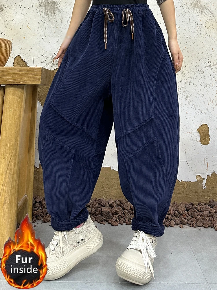 Amax LuluE diseño invierno señoras moda espesar pantalones de piel de pana señoras sueltas Vintage cálido Casual cintura elástica Harem pantalones