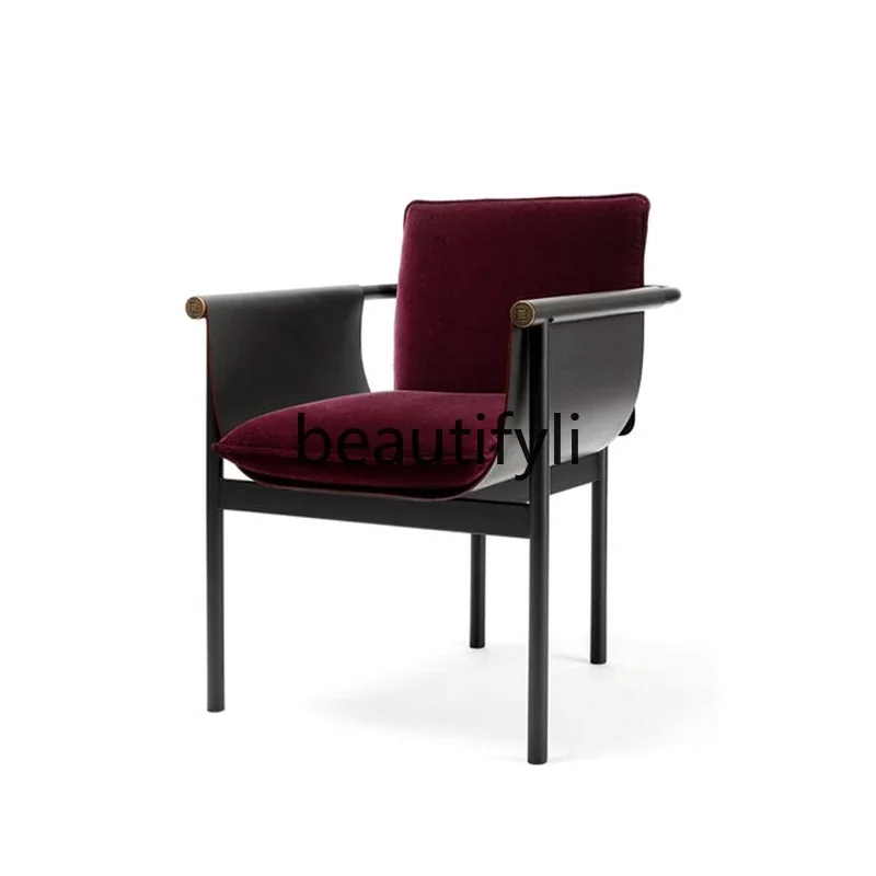 

Italian minimalist saddle leather dining chair with armrests stainless steel backrest book chair