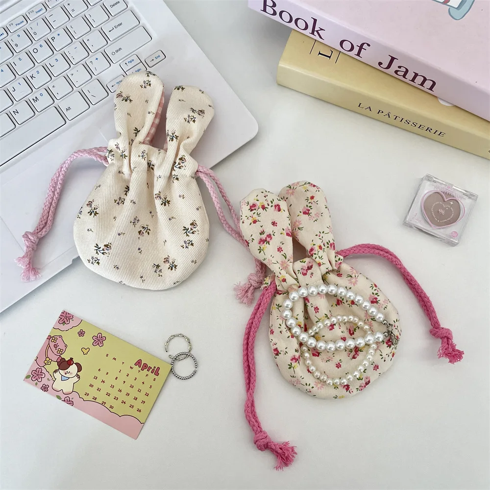 محفظة للعملات المعدنية، حقيبة محمولة برباط على شكل أذن أرنب، حقيبة مستحضرات تجميل، حقيبة زهور ملونة للسفر في الهواء الطلق للنساء