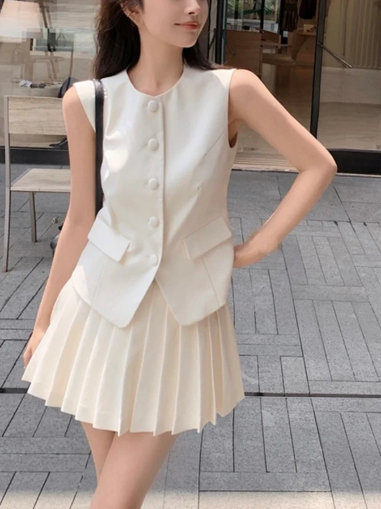 Pure Color Office Lady 2 pezzi Dress Set donna senza maniche Casual Y2k Crop top + Mini Skrits 2023 Summer coreano Fashion Suits