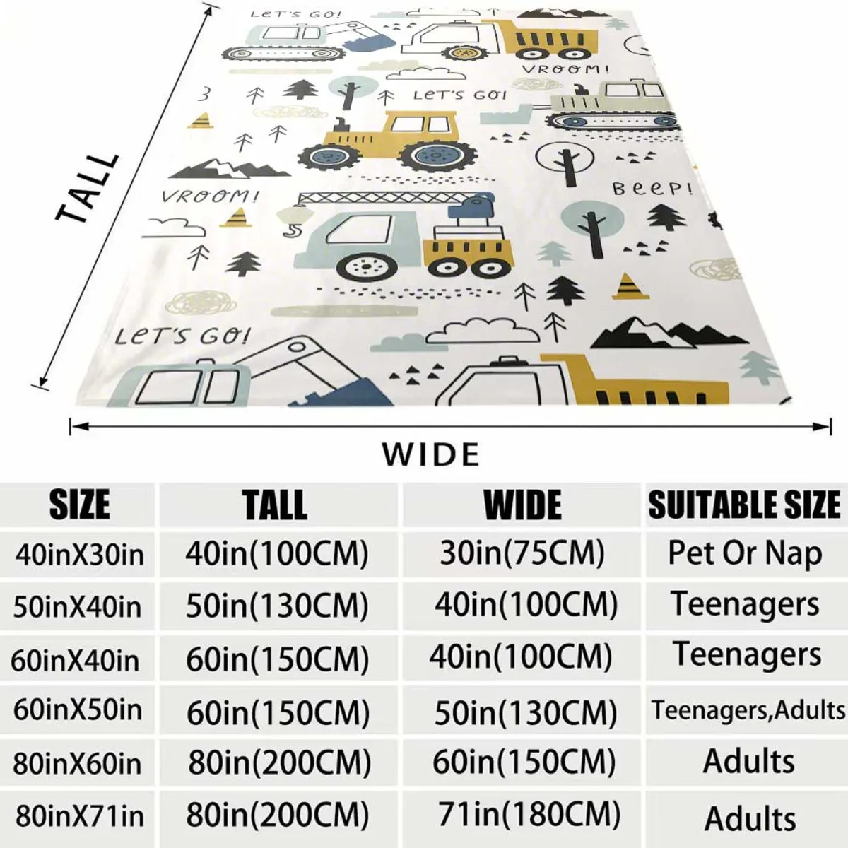 Construction Truck Art Throw Blanket, Cartoon Excavator Mountain Tree Pattern Soft Flannel Blanket for Sofa Bedroom Camping
