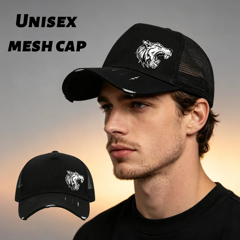 Unisex Adjustable Tear Style Baseball Cap With Wolf Logo Pattern Print Design, Breathable Mesh , Suitable For Outdoor Sports