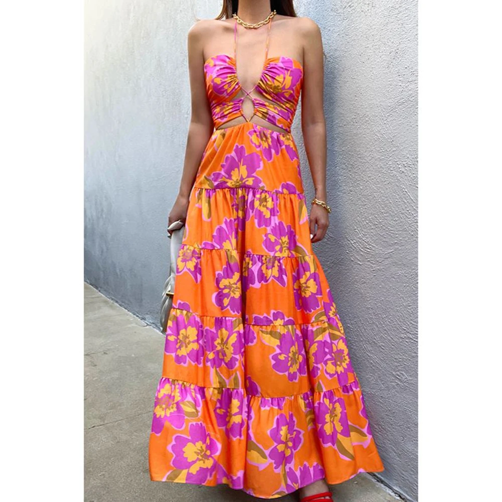 Combhasaki المرأة الصيف الدانتيل متابعة الرسن الرقبة أنيق الأزهار طباعة/التباين اللون انقطاع عارية الذراعين أكمام ألف خط فستان طويل