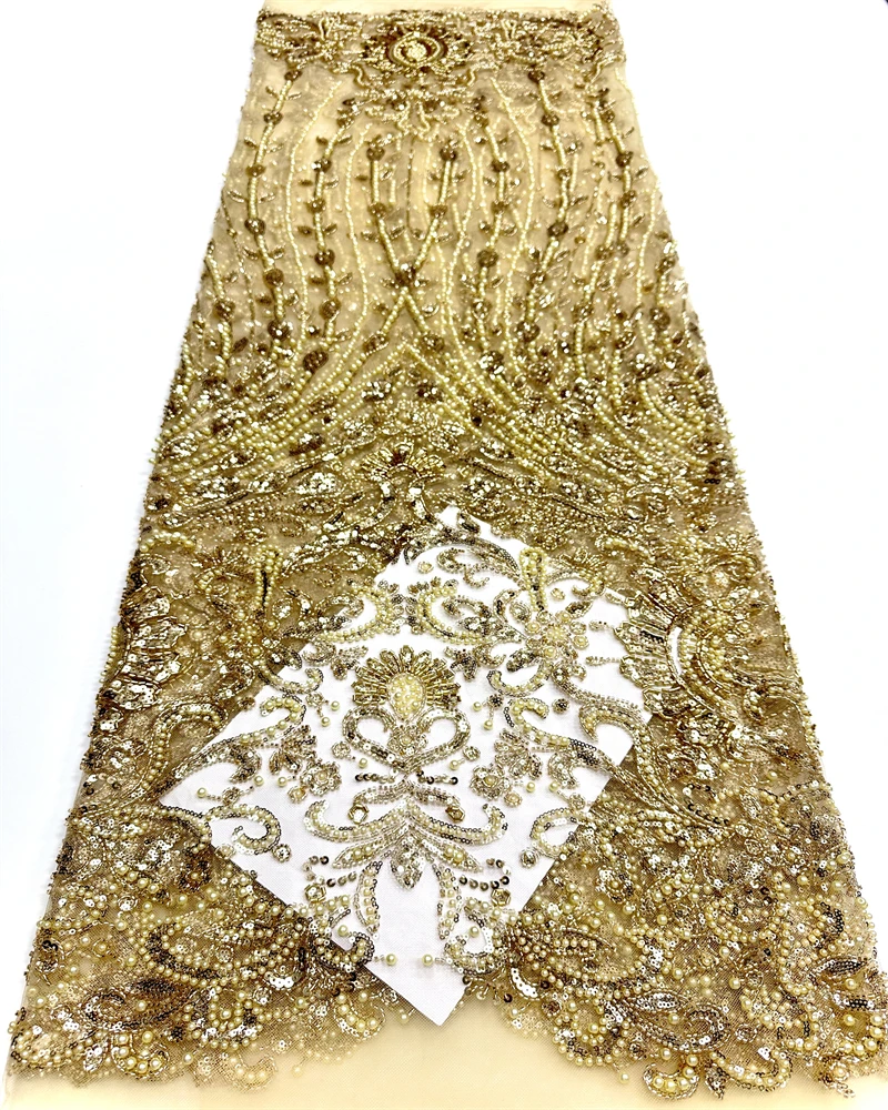 African 2025 Beaded Purple Lace Fabric French 5 Yards Tulle Mesh Sequins Embroidered Lace Fabrics Weddings Party Dress