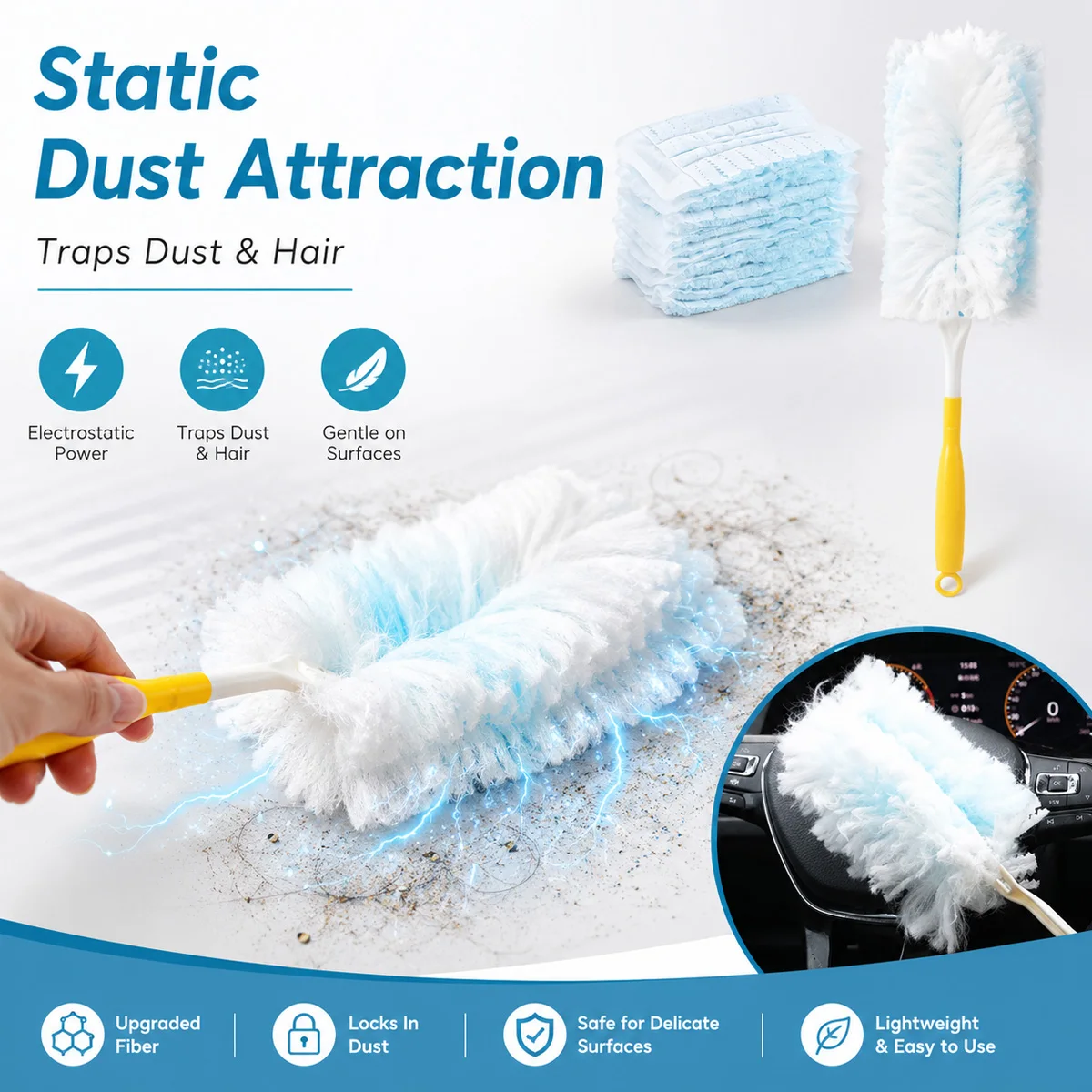 Disposable Static Duster Set with Handle Refill Heads Soft Fluffy Dusting Brush for Car Dashboard Home Shelves Blinds Cleaning K