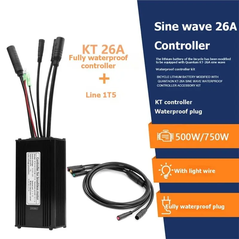 A25F-KT-26A 36V 48V 500W 750W Brushless Motor Sine Wave Controller+ 1-To-5 Connector Cable Mountain Bike Controller