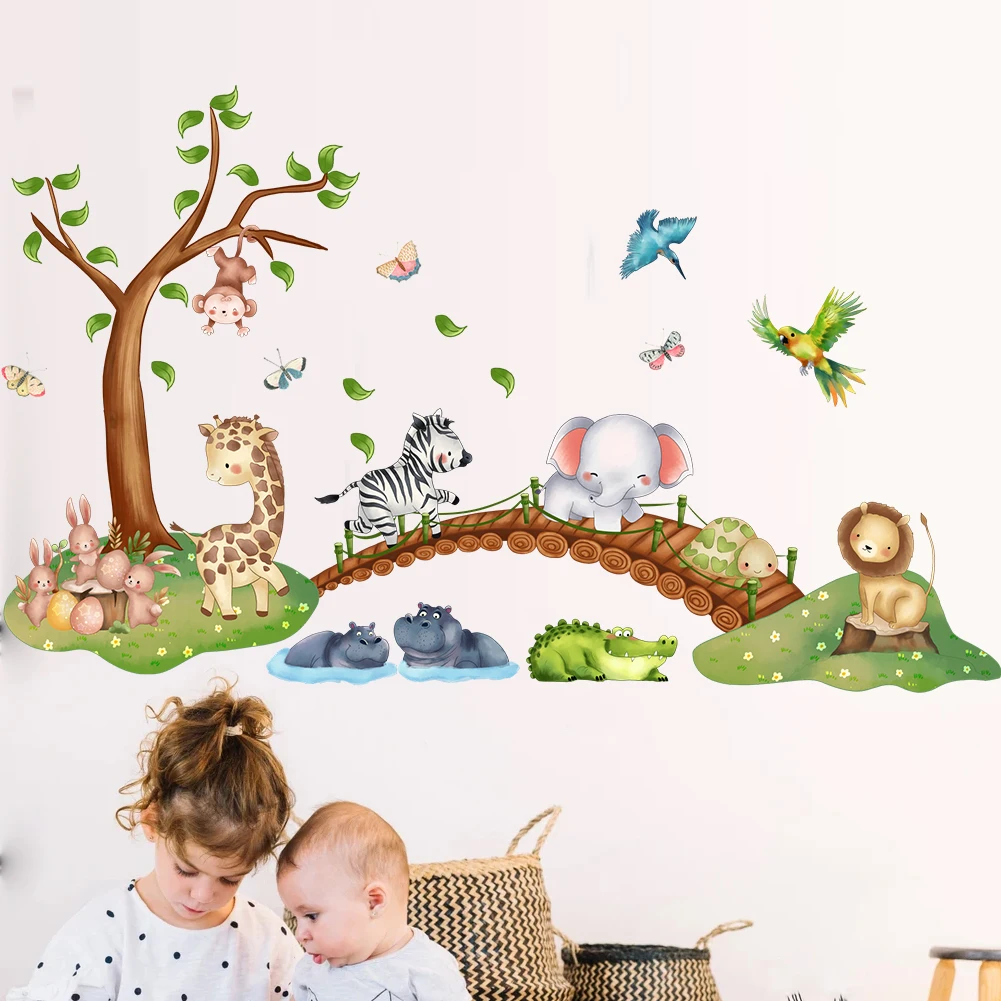 Cartoon dier olifant zebra giraffe brug muursticker waterdicht PVC kinderkamer kleuterschool woondecoratie