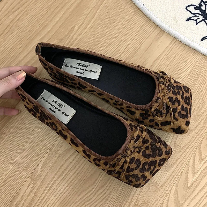 

Brand Flats Ballet Shoes Fashion Square Toe Shallow Bow Knot Ballerina Soft Casual Loafers Comfort Moccasins Leopard Print Mujer